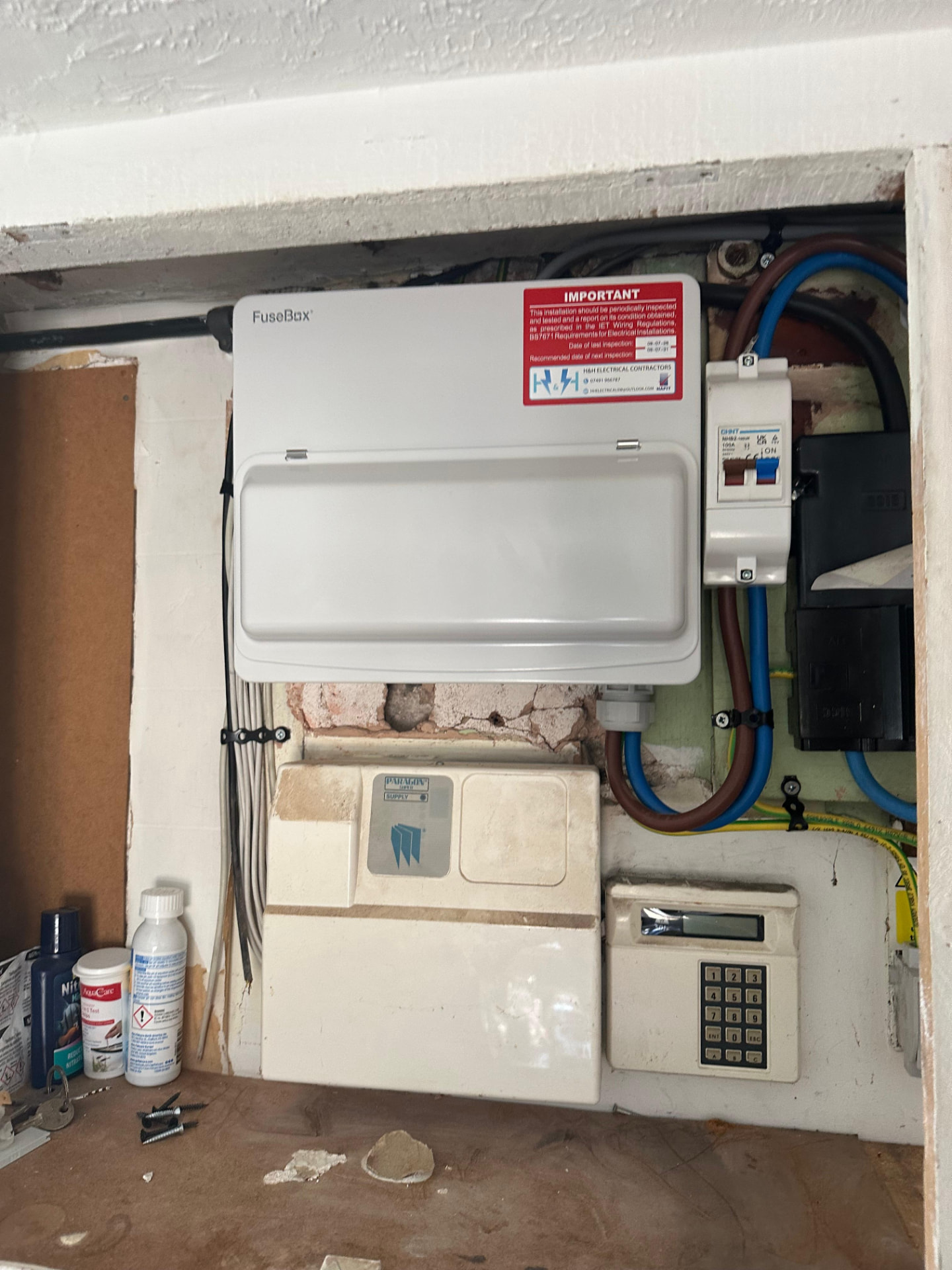 Completed FuseBox consumer unit with labelled RCBOs and NAPIT registered electrical certificate