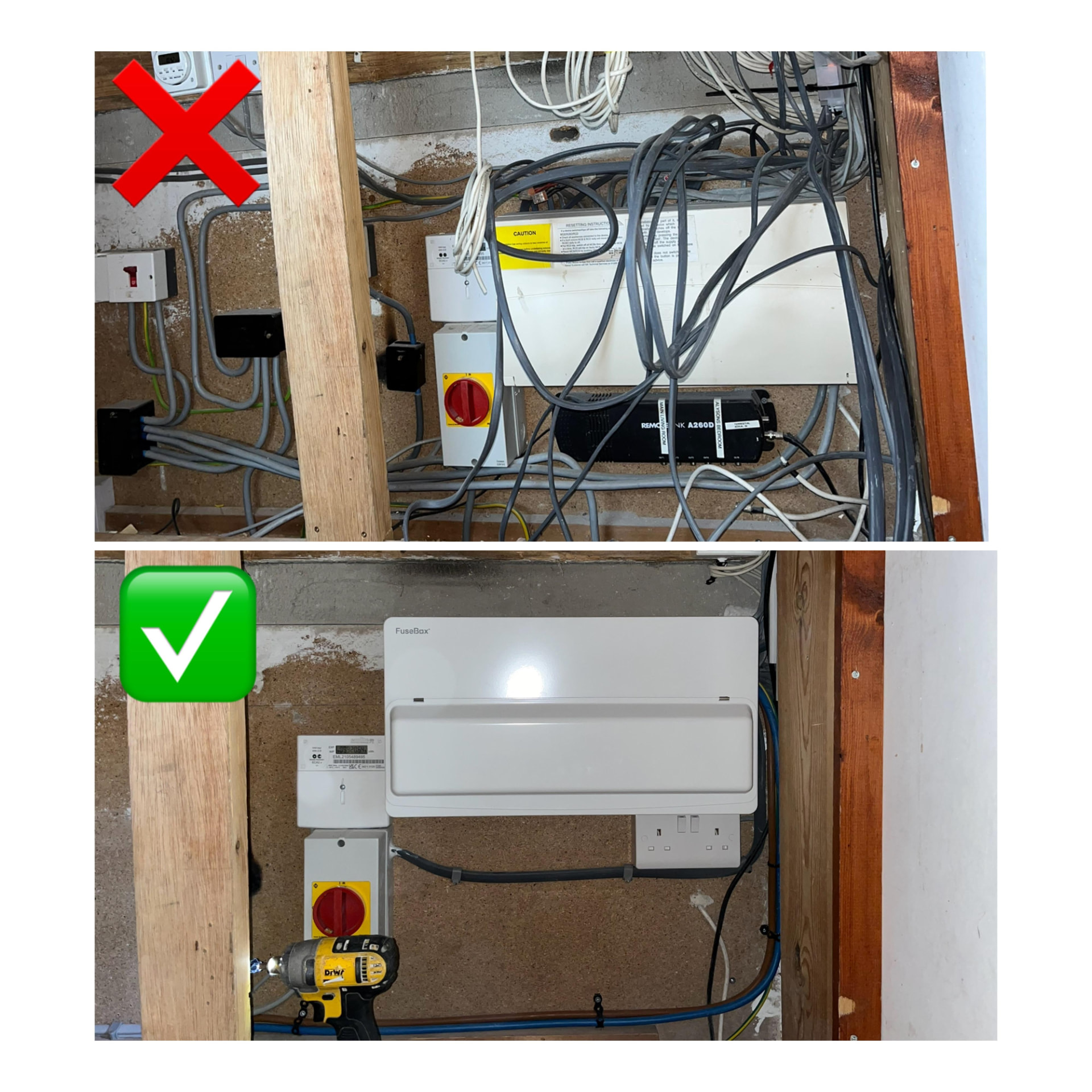 Before and after consumer unit upgrade showing messy wiring replaced with a modern FuseBox unit