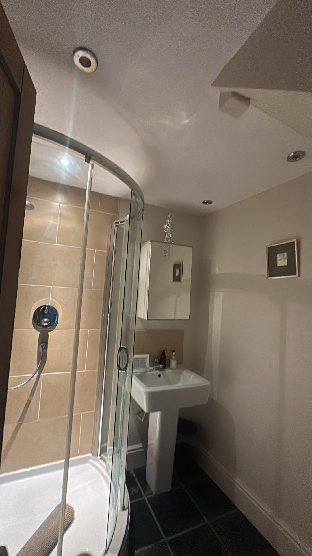 Modern bathroom with IP-rated recessed lighting installed above walk-in shower